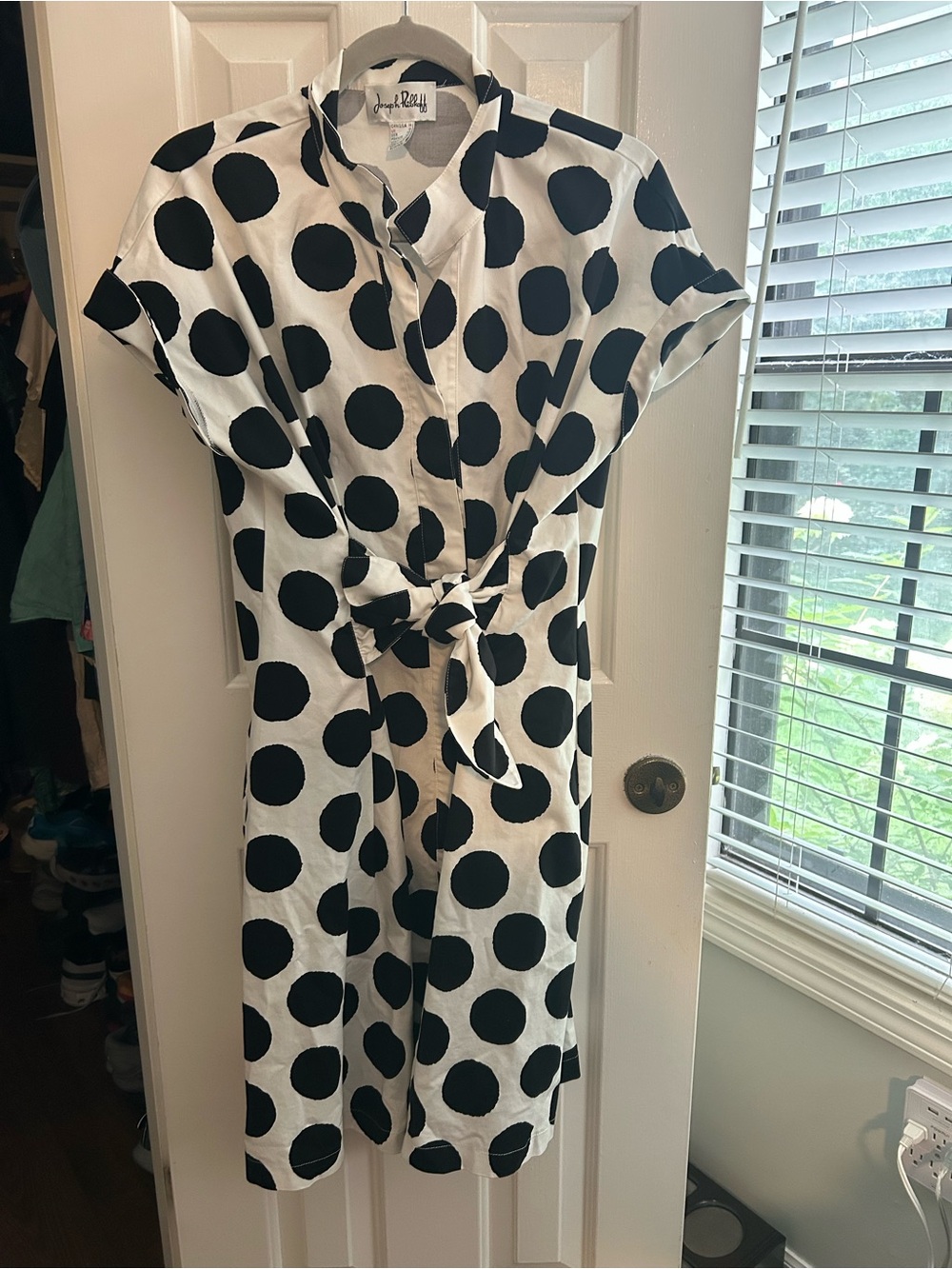 Joseph Ribkoff Black & White Polka Dot Tie-Waist Dress
